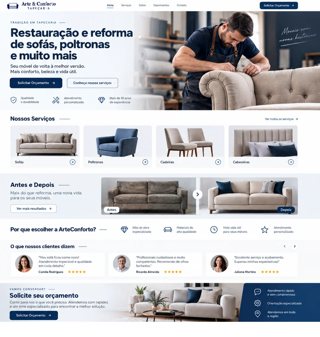 Conceito de site de tapeçaria, com apresentação dos serviços e fotos